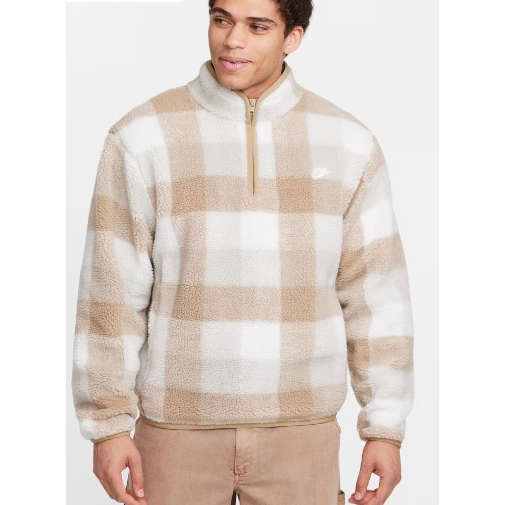 Nike Mens Sportswear Club Fleece Plaid Quarter Zip Pullover Khaki Medium NEW